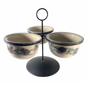 Home & Garden Party Trio Bowl Set Northwoods Pinecone Stoneware Metal Rack Cabin